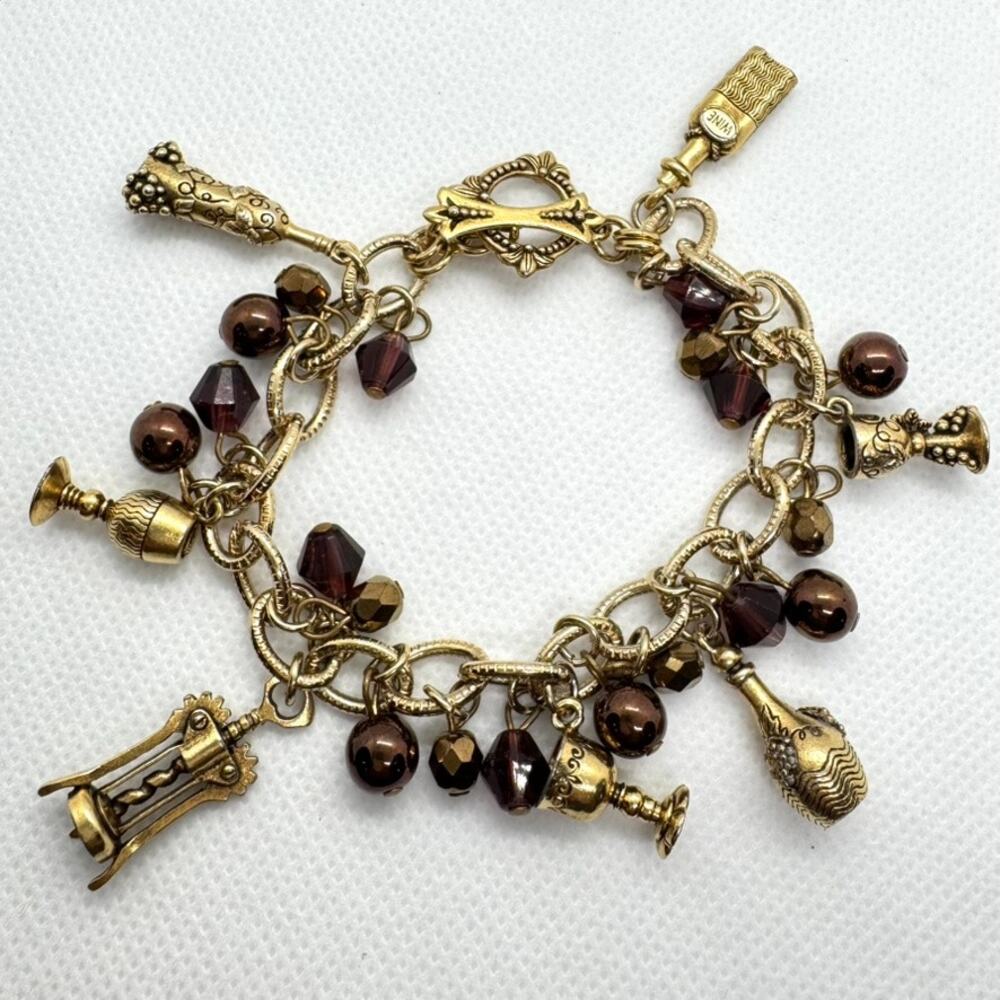 Vintage Wine Themed Charm Bracelet 7 Gold Tone Charms Wine Colored Beads